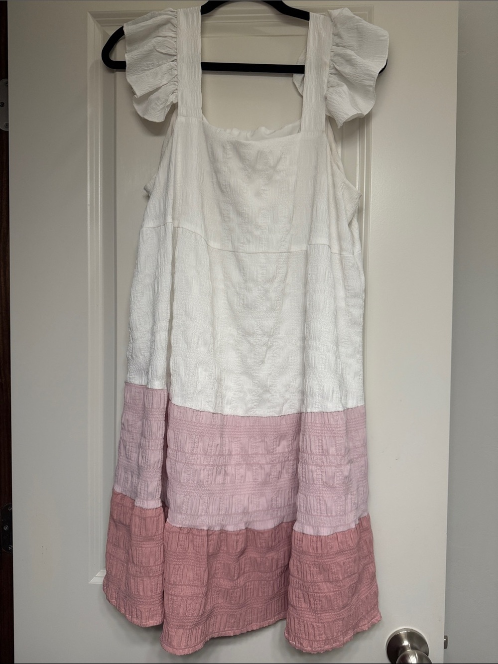 Women’s White and Pink Tiered Dress with Ruffle Sleeves - No Tags - Fits S/M